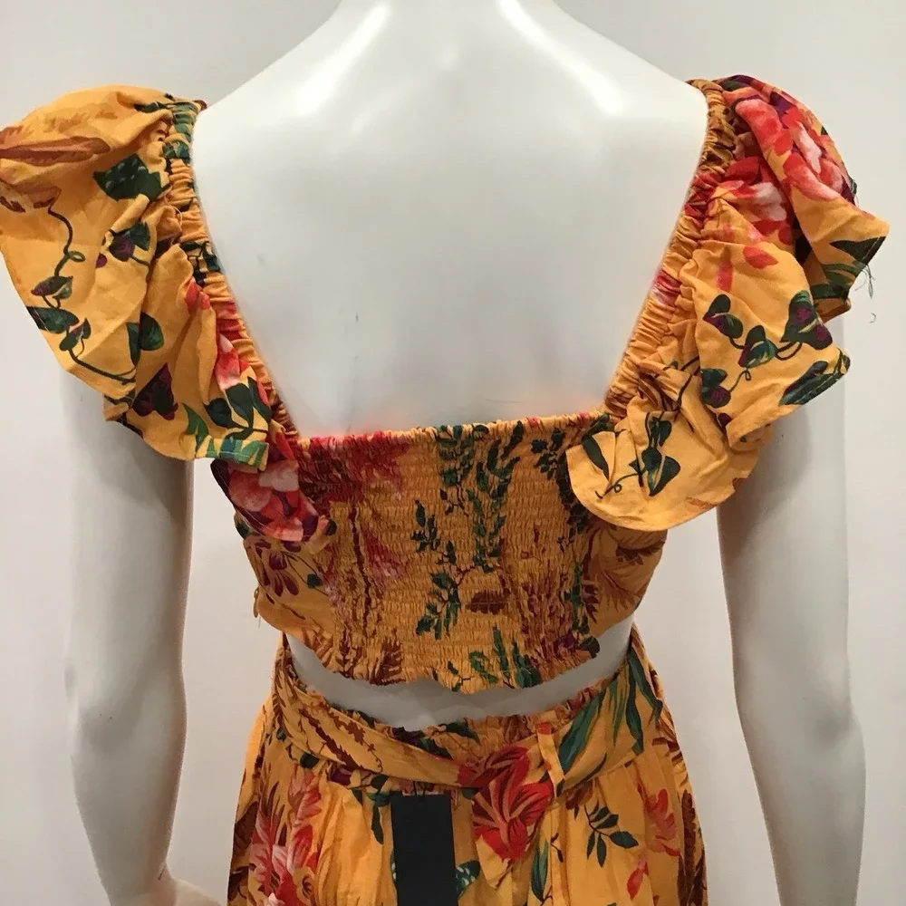 Rachel Roy Linen Skirt Set 3 Blouse Maxi Skirt Belt Floral Vacation Outfit Small